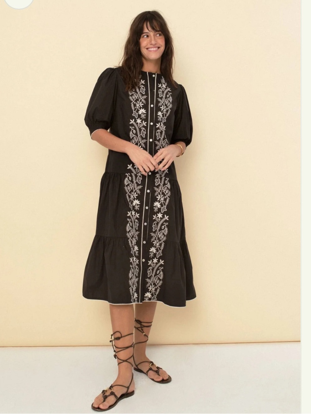 Sonmer Black Embroidered Tiered Midi Dress with Puff Sleeves